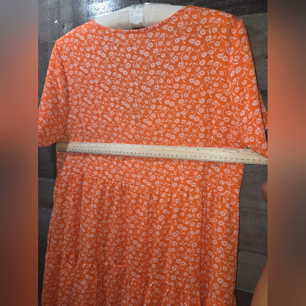 Ces Femme Orange Floral Babydoll Dress Tiered Button Front Side Pockets Size M - Picture 6 of 10